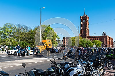 Crowd around cars and motorbikes during Berlin Brennt protest Editorial Stock Photo