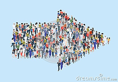 Crowd arrow. Success people walking in direction arrow shapes large growing group of persons garish vector marketing Vector Illustration