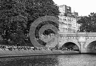 Crowd on Banks of River Seine Paris Editorial Stock Photo