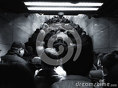 The crowd on the Beijing subway in the morning rush hour. Editorial Stock Photo