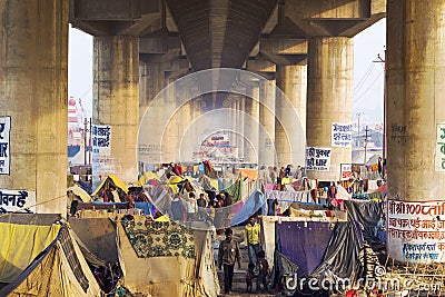 Crowd Camping Under Bridge at Kumbh Mela Festival in Allahabad, Editorial Stock Photo