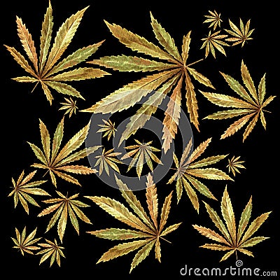 Crowd of Cannabis leaves on black background Cartoon Illustration