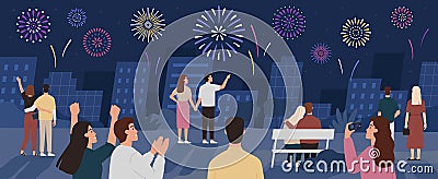Crowd celebrate fireworks. People watch firework at night in city landscape. New Year and Independence Day celebration Vector Illustration