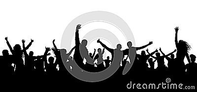 Crowd cheerful people silhouette. Happy group of young people dancing at musical party, concert, disco. Joyful mob. Vector Illustration