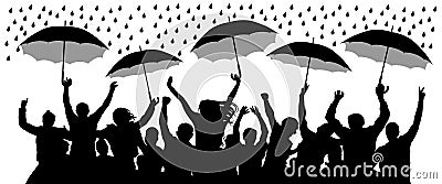 Crowd of cheerful people with umbrellas in the rain. Isolated Vector Silhouette Vector Illustration