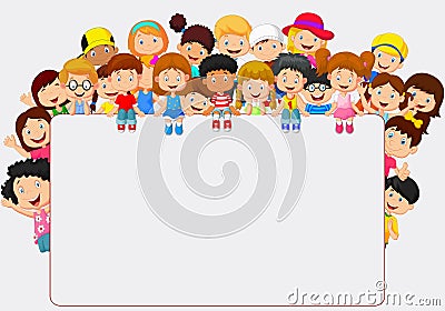 Crowd children cartoon with blank sign Vector Illustration