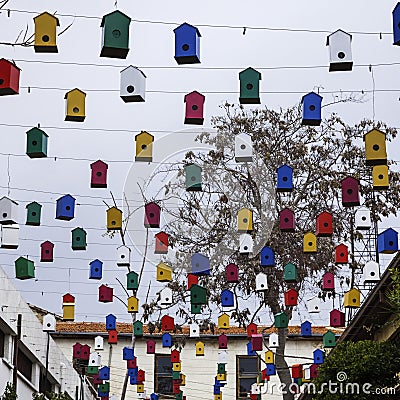 Crowd of Colorful birds houses Stock Photo