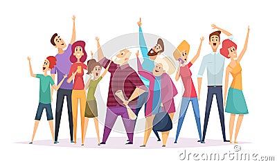 Crowd concert. Vector happy people looking up pointing in sky fans at concert vector persons cartoon illustrations Vector Illustration