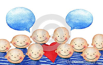 A crowd of cute smiling boy in blue striped T-shirt holding heart Stock Photo