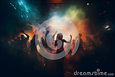 Crowd of dancing people in the night club on the dance floor surrounded with lights and smoke. Neural network generated Stock Photo