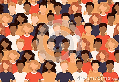 Crowd of different people are standing together. Poster with a group of men and women. Social diversity, society. Vector Vector Illustration