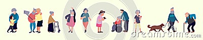 Crowd of elderly people. Senior outdoor activities. Old men and women walking. Recreation and leisure senior activities Vector Illustration