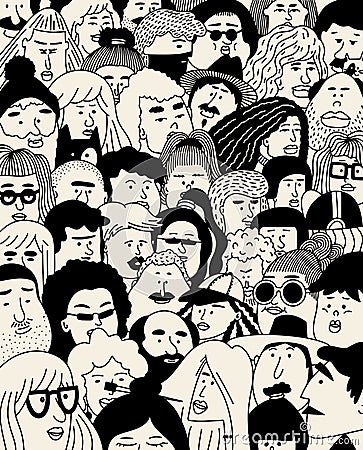 Crowd. Faces collection. People faces vector collage. Outline people. Face avatars. Men and women. Various haircuts. Cartoon style Vector Illustration