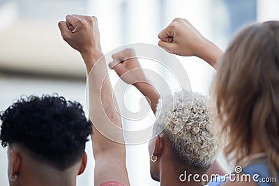 Crowd fist hands, protest rally event and community justice, government corruption and politics of freedom, empowerment Stock Photo