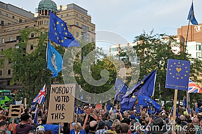 A crowd with flags and banners at the leeds for europe anti brexit demonstration Editorial Stock Photo