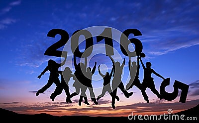 Crowd of friends jumping with 2016 on blue sky Stock Photo