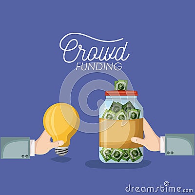 Crowd funding poster with hands holding light bulb and bottle with money bills savings in background purple color Vector Illustration