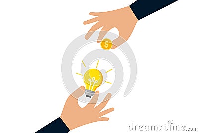 Crowd funding, start up company to get money, businessman hand giving money dollar coin to new business idea light bulb Stock Photo