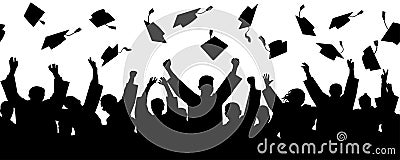 Crowd of graduates throw square academic caps, seamless pattern, silhouettes. Vector illustration Vector Illustration