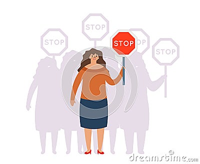 Crowd group union fight for equal rights stop sign women fighting unity gender inequality demand male female characters Vector Illustration
