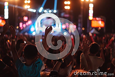 Crowd of hands up concert stage lights and people fan audience silhouette raising hands in the music festival rear view with Editorial Stock Photo