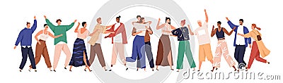 Crowd of happy diverse hugging people. Concept of friendship day, unity. Celebration or congratulation of multiracial Vector Illustration