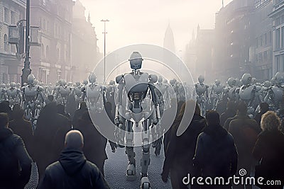 Crowd of humanoid robots commute with humans in the city. Generative AI Stock Photo