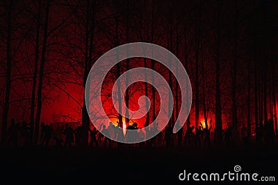 Crowd of hungry zombies in the woods Stock Photo