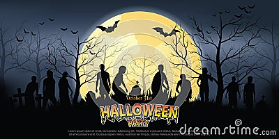 Crowd of hungry zombies in the woods Silhouettes of scary zombies walking in the forest at night. Vector Illustration