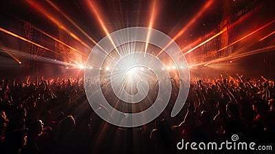 A crowd illuminated by fiery rays, like a magical audience in a virtuoso light performance Stock Photo