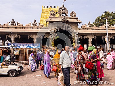 A crowd of Indian pilgrims outside the ancient Ramanathaswamy temple in the town of Rameswaram. Editorial Stock Photo