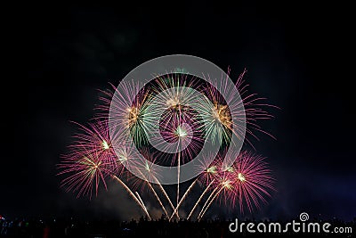 Crowd looks holiday fireworks in dark evening sky Stock Photo