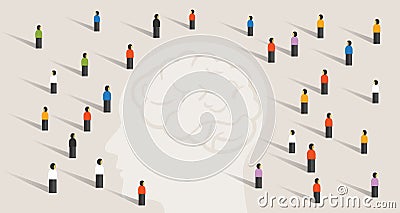 Crowd many people group with large head mind thinking together. intelligence wisdom brain health care memory disease Vector Illustration