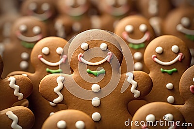 Crowd of many xmas cookies gingerbread decorated faces from glaze. Generative AI Stock Photo