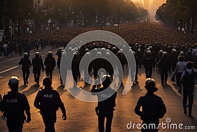 crowd marching activist for rights in a big city at sunset Stock Photo