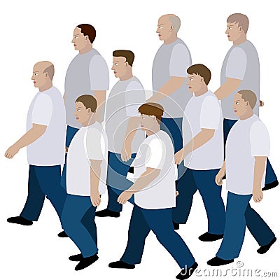 Crowd of men moving in jeans and T-shirt to the common direction Vector Illustration