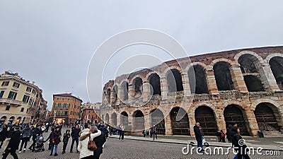 Crowd near the arena of Verona, the Roman amphitheater in Verona, Italy Stock Photo