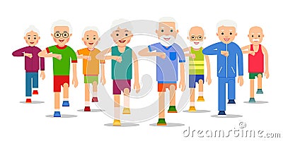 Crowd of older, active people go. Adult men and women perform ex Vector Illustration