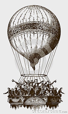 Crowd of passengers waving from the gondola of a historic balloon Vector Illustration