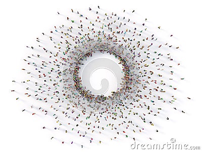 Crowd of people around of empty circle on a white background. Cartoon Illustration