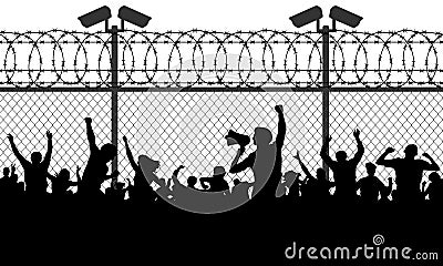 Crowd of people behind bars demanding to open the border. Vector Illustration
