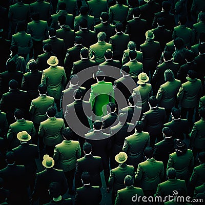 a crowd of people in black suits and only one person in green, generative AI Stock Photo