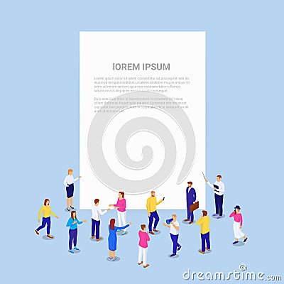 Crowd people business presentation isometric banner. Group characters discussing next large white sheet news. Vector Illustration