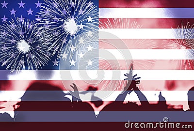 Independence day, fireworks, crowd and flag of America Stock Photo