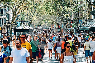 Crowd Of People In Central Barcelona City On La Rambla Street Editorial Stock Photo