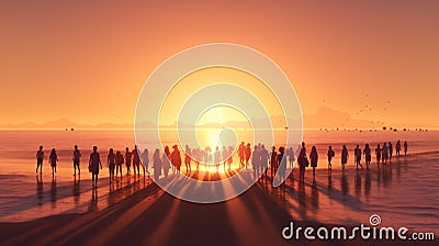 Crowd of people or friends runs to sunset sea. Beach holidays travel concept Stock Photo