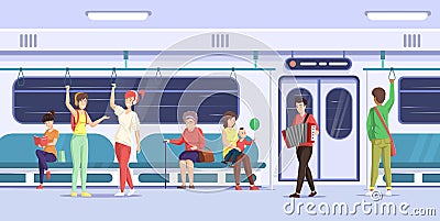 Crowd of people go by public transport metro. Passengers inside city bus subway train. Man woman children pet at train interior Vector Illustration