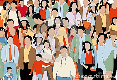 Crowd of people illustration. Crowded group of men, women and children Cartoon Illustration