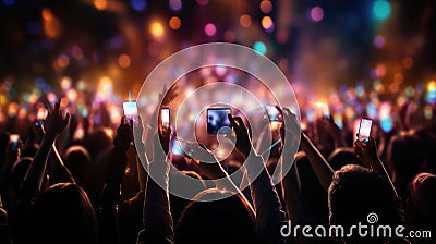 A crowd of people at a live event, concert or party holding hands and smartphones up Stock Photo