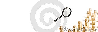 A crowd of people looking at the magnifying glass. Search and tracing concept, find out the truth. Find a solution to the problem Stock Photo